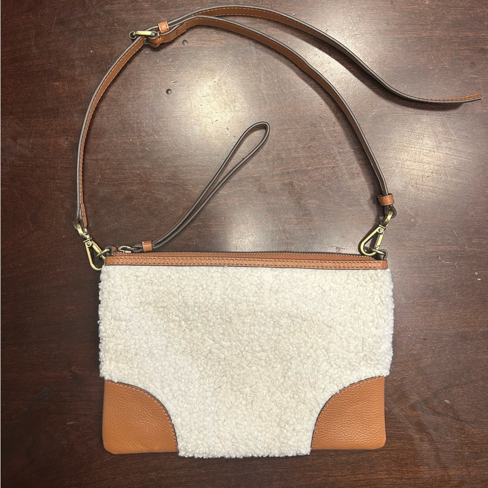 J. Jill Cream Sherpa Shoulder Bag with Tan Leather Trim and Strap